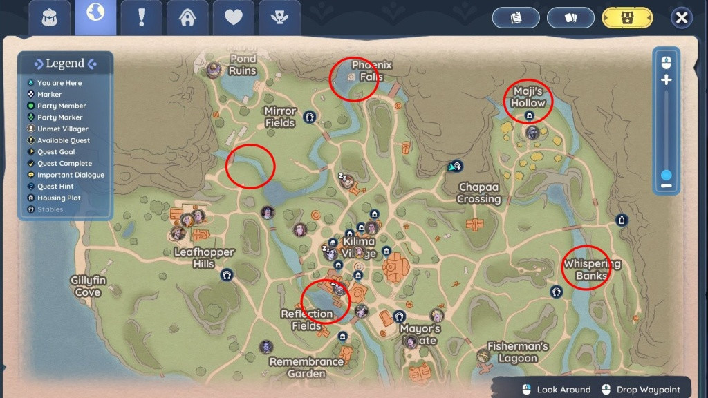 These are the fishing spot map locations of the lake biomes in Kilima Village. (Picture: Singularity 6/Ashleigh Klein)