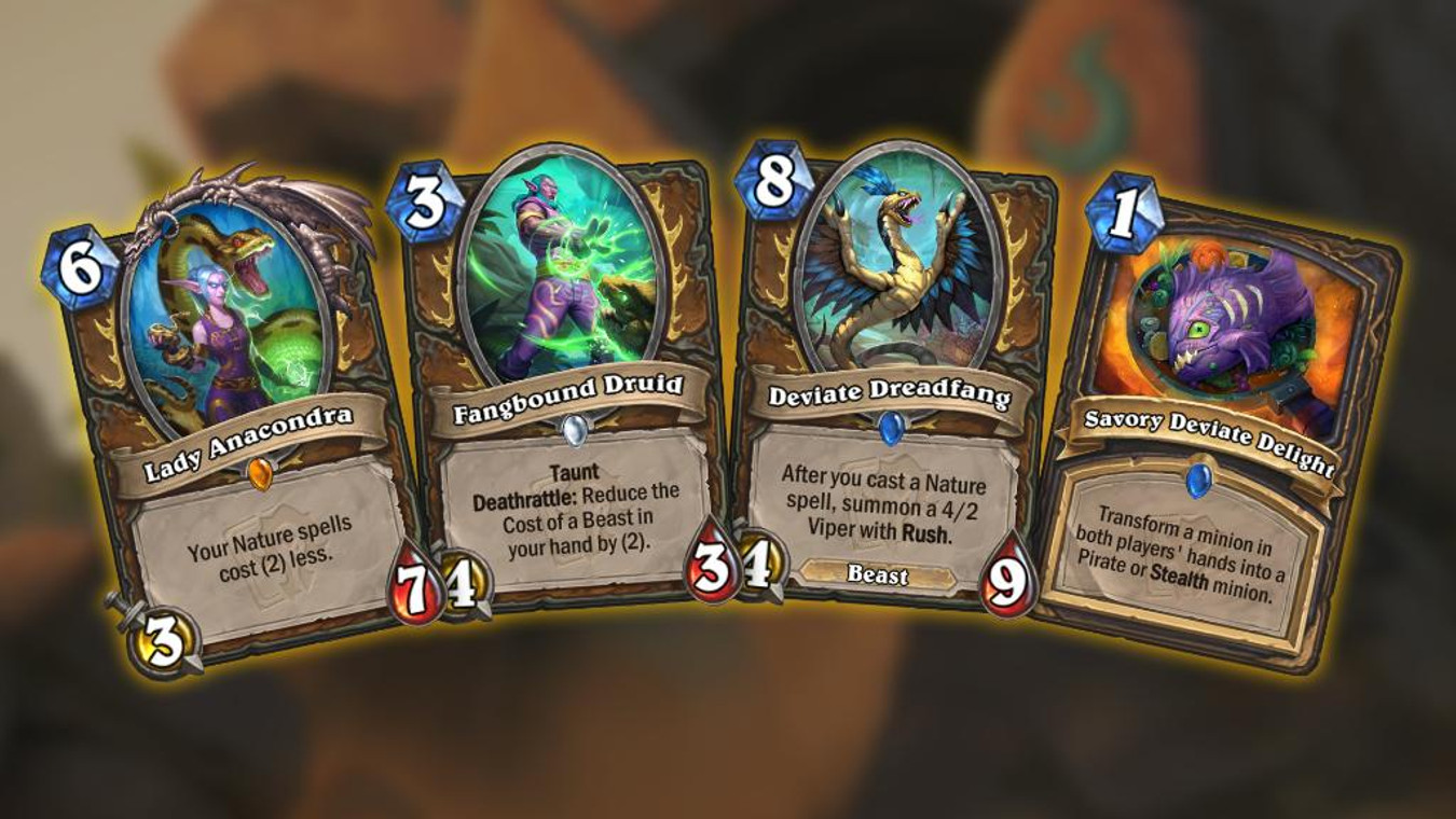 Hearthstone Wailing Caverns Druid cards Fangbound Druid, Deviate Dreadfang, and Rogue's Savory Deviate Delight