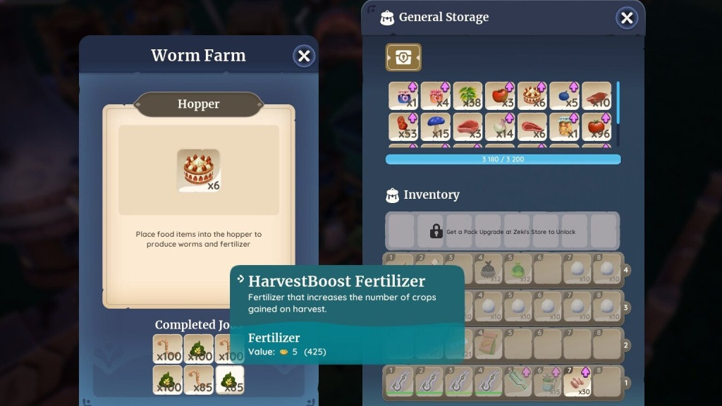 Placing specific food items into the Worm Farm Hopper, like Celebration Cake, can produce HarvestBoost Fertilizer. (Picture: Singularity 6 / Ashleigh Klein)