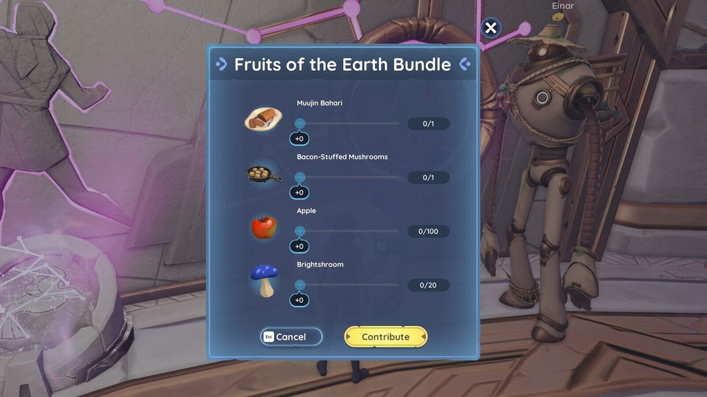Palians can view the Fruits of the Earth bundle when visiting the Night Sky Temple, which requires Apples, Brightshrooms, Bacon-stuffed Mushrooms, and Muujin Bahari to complete the bundle. (Picture: Singularity 6 / Ashleigh Klein)