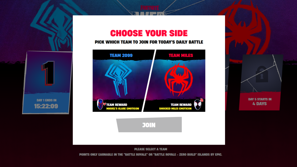 Pick your side out of Team 2099 and Team Miles in Fortnite Web Battles. (Picture: Epic Games)