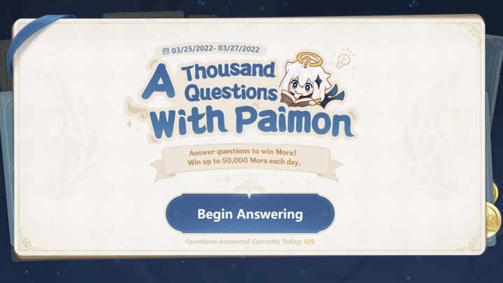Genshin Impact 2.5 A Thousand Questions with Paimon Quiz Answers 1-100 – Get free 150,000 Mora