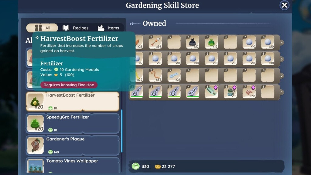 Players can acquire the HarvestBoost Fertilizer using ten Skill Medals from the Gardening Guild Store. (Picture: Singularity 6 / Ashleigh Klein)