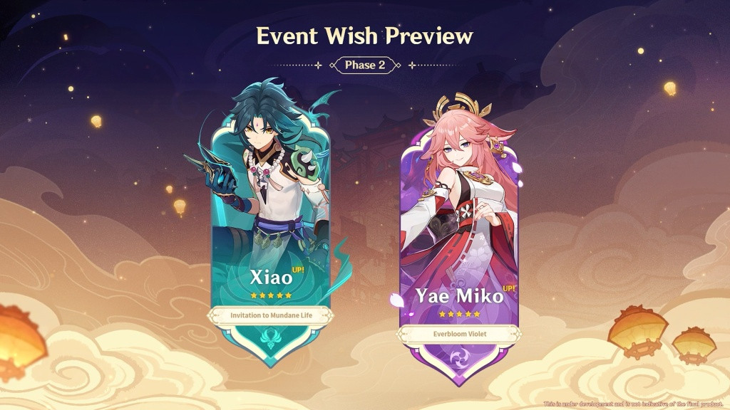 Xiao and Yae Miko are gaining banner re-runs in Phase 2 of the Character Event Wishes for the 4.4 update. (Picture: Twitter / Genshin Impact)