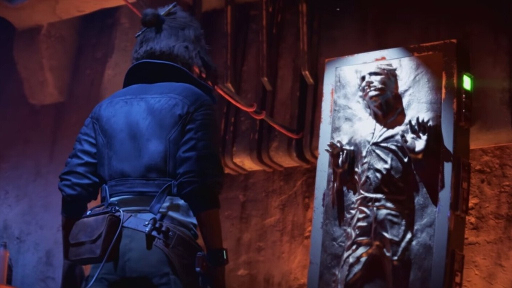 The Story trailer for Star Wars Outlaws revealed the carbonite-frozen Han Solo that Kay Vess found. (Picture: Ubisoft / YouTube)