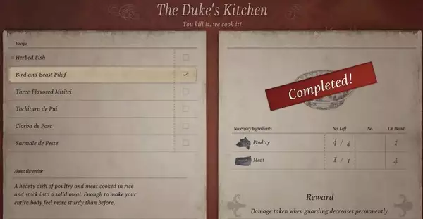 Resident Evil Village duke's kitchen recipies cooking ingredients effects