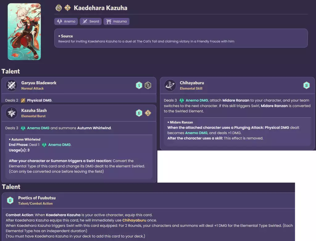Thẻ nhân vật Kaedehara Kazuha trong Lời mời gọi thiên tài TCG.  (Ảnh: Dự án Amber)