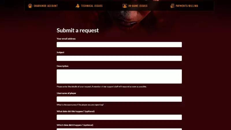 To report a player in Vampire Blood hunt fill out the form as shown above with the required information.