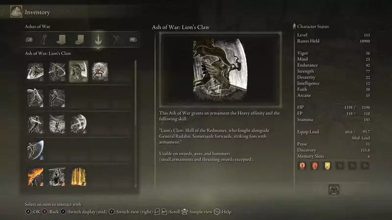 Guts Berserk build in Elden Ring Ash of War Lions Claw first skill you need