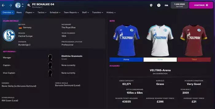 Schalke FC Football Manager 2022 team screen
