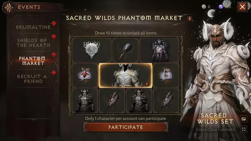 Diablo Immortal Phantom Market rewards chances items obols how to get farm cosmetic set end date sacred wilds