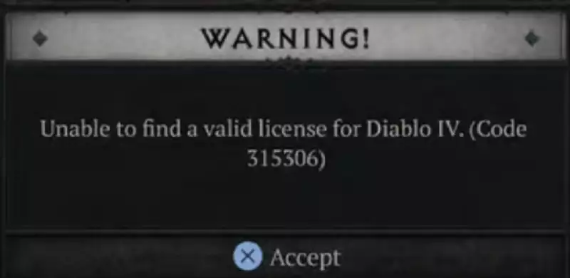 Diablo 4 Error Code 315306 Invalid License how to fix coin pack purchase blizzard issues