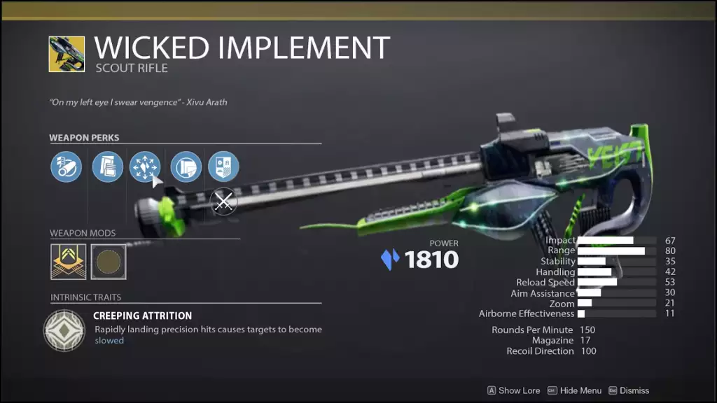 Wicked Implement Scout Rifle weapon perks and stats