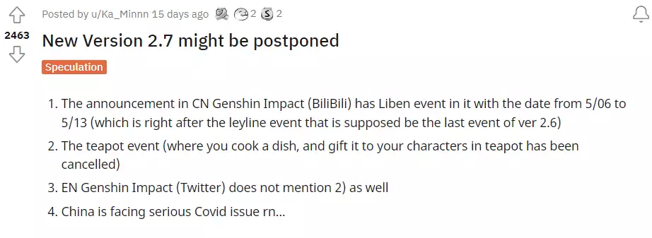 Speculations regarding the delay of Genshin Impact 2.7 update.