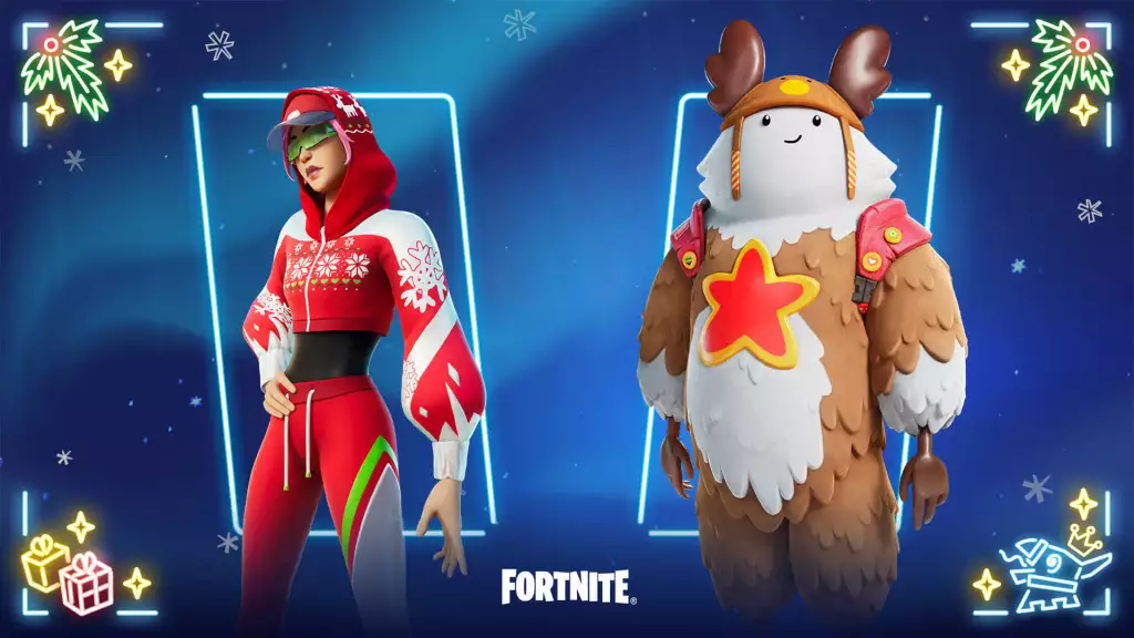 Arctic Adeline Outfit and Sled Ready Guff Outfit in Fortnite Winterfest Lodge 2022. 