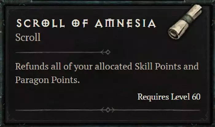 Diablo 4 scroll of amnesia use how to get reset skill points paragon tree full season journey