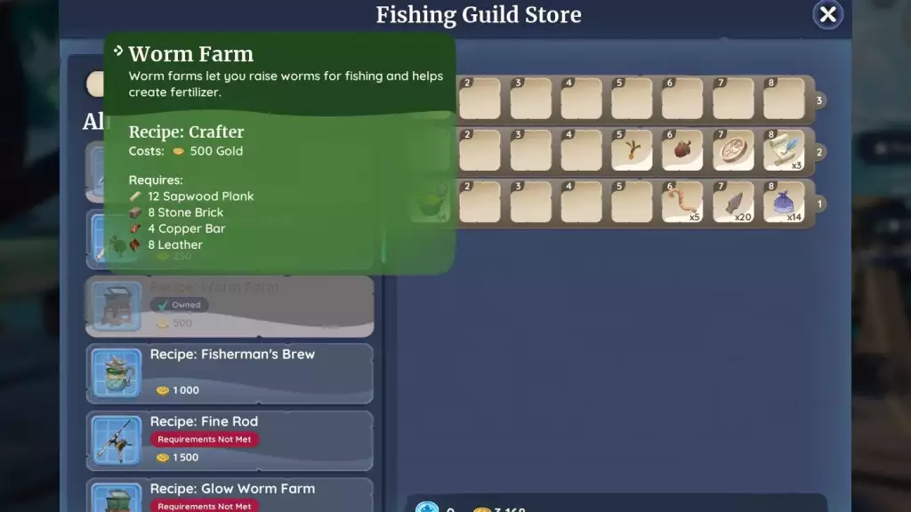 palia crafting guide worm farm how to craft how to get recipe fishing guild store gold sapwood plank stone brick copper bar leather