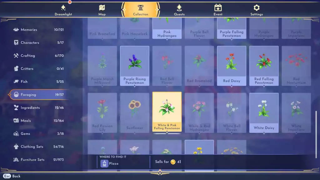 In the Foraging tab of the Collection section in the Pause Menu, you can find all flowers and details on the locations where they grow and how much they sell for