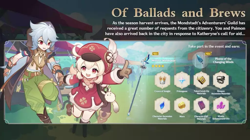 genshin impact 3.1 livestream update new weapons 4-star missive windspear of ballads and brews event