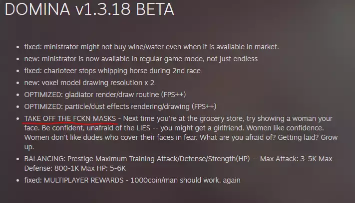 domina game patch notes don't wear masks 