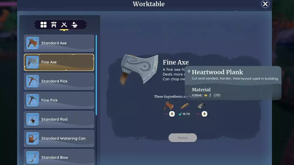 palia resources guide heartwood planks how to get how to use crafting tools fine axe recipe