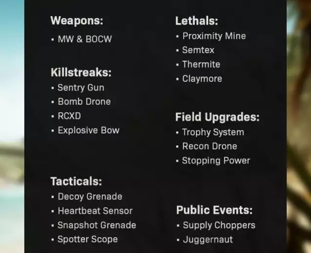 Vanguard Royale ruleset excluded included items killstreaks lethals tacticals public events gameplay elements warzone pacific season 1 call of duty
