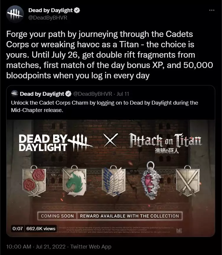 Dead by Daylight july 2022 rewards bonuses