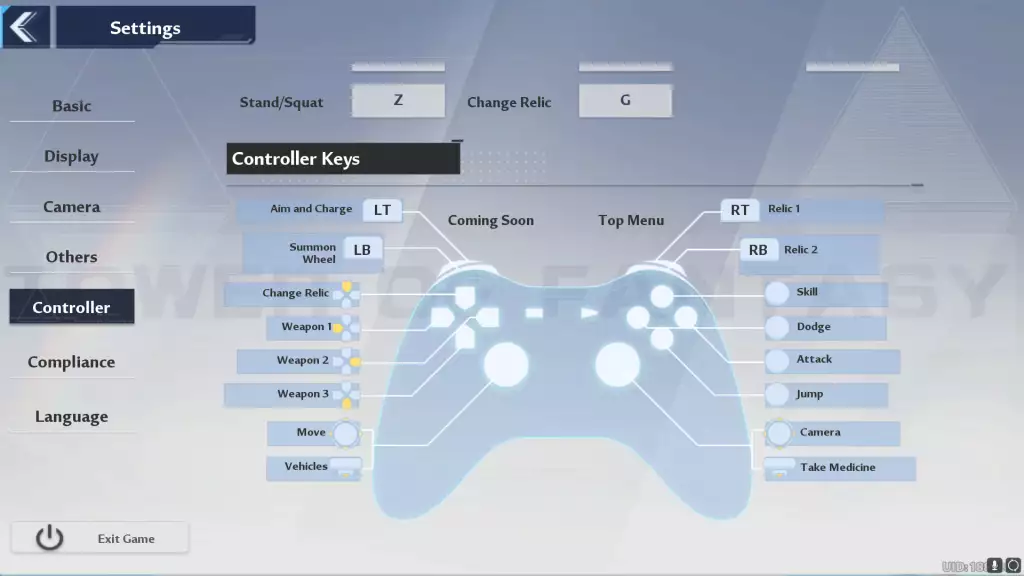 Tower of Fantasy controller controls in the settings section of the game. 