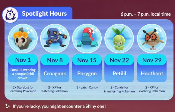 pokemon go guide spotlight hour november schedule hoothoot