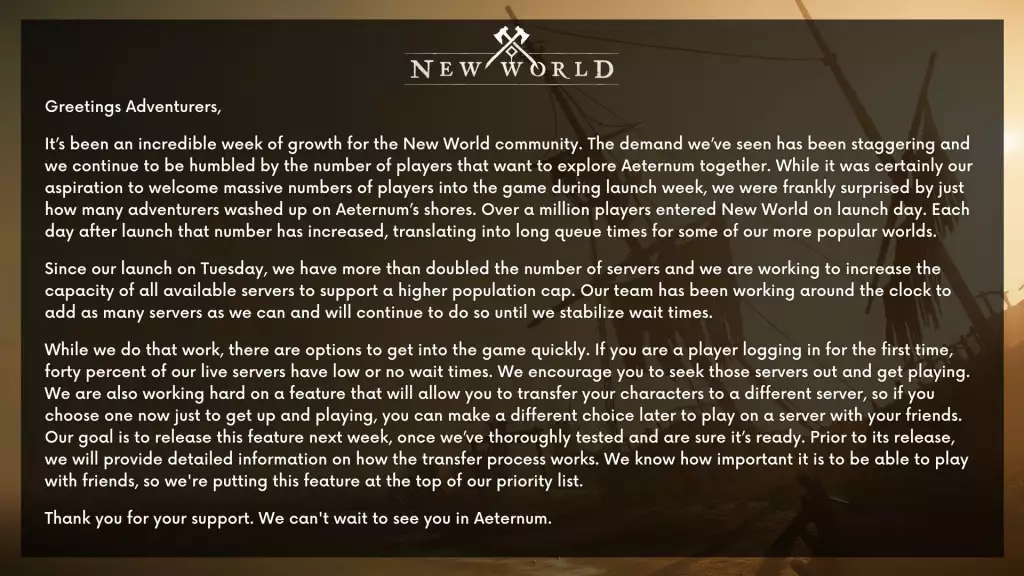A message from the New World Team regarding launch, world queues, and character transfers.