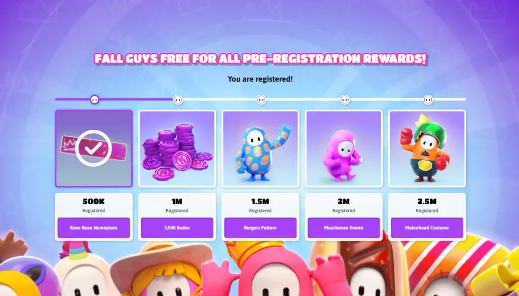 Pre-register before the release of Fall Guys to get free rewards. 