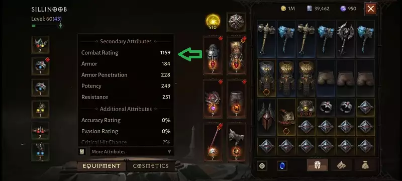 Diablo Immortal combat rating CR how to check effects difficulty power character level items gear