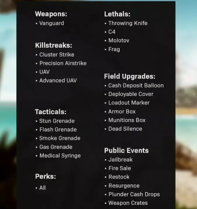 Vanguard Royale ruleset excluded included items killstreaks lethals tacticals public events gameplay elements warzone pacific season 1 call of duty