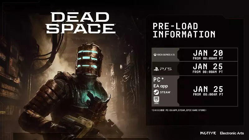 Dead Space remake global launch times per region platforms pre-load file size how to pc ps5 xbox series x/s