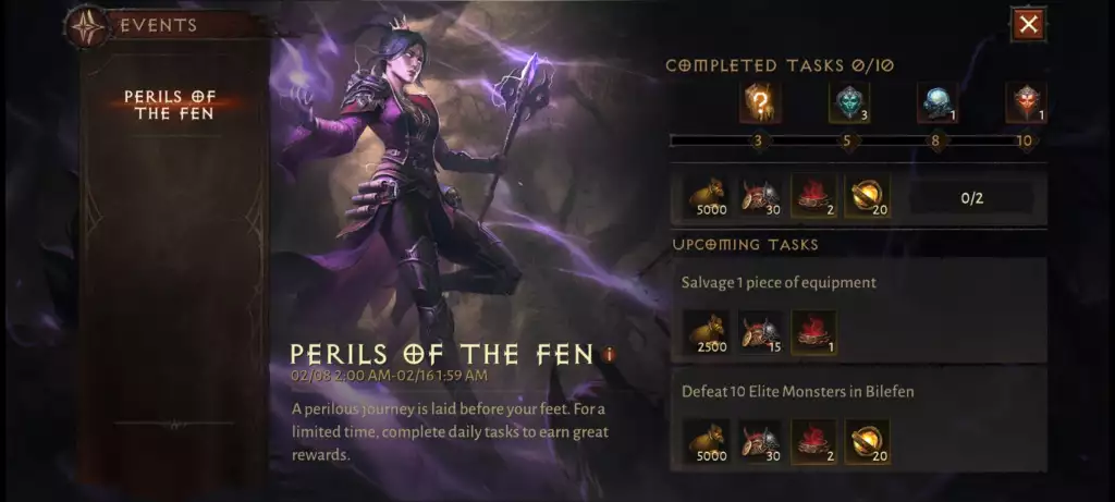 Diablo Immortal Perils of the fen bilefen event rewards tasks start end dates times