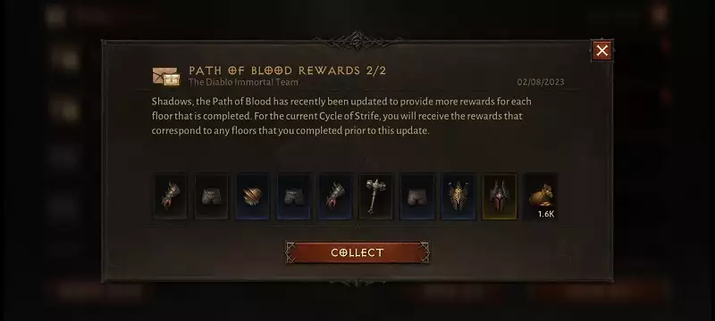 Diablo Immortal new path of blood rewards skip floors how to claim