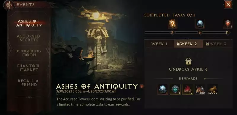 Diablo Immortal Ashes of Antiquity event dates times weeks rewards tasks end start