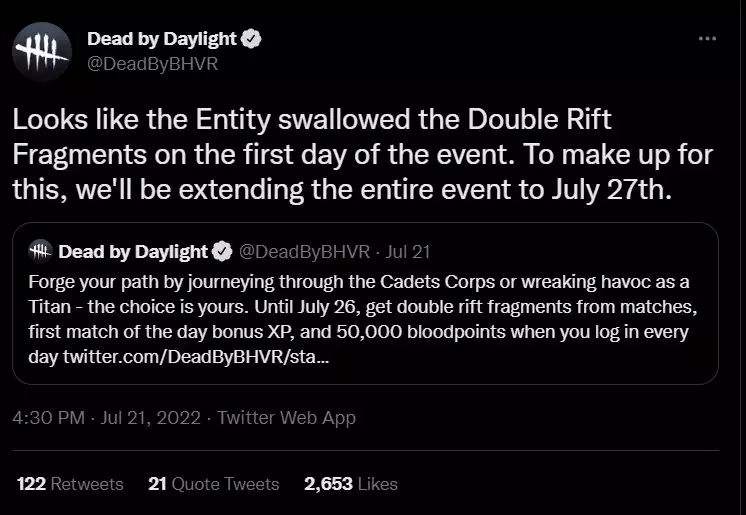 Dead by daylight twitter event extended