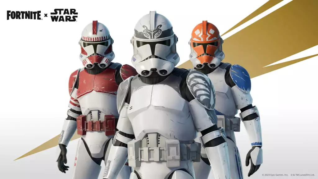 Coruscant Guard Outfit, Wolf Pack Trooper Outfit, and Ahsoka’s Clone Trooper Outfit in Find The Force Premium Event Pass. (Picture: Epic Games)