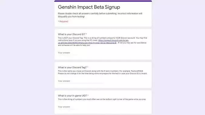 Genshin Impact beta program sign up form