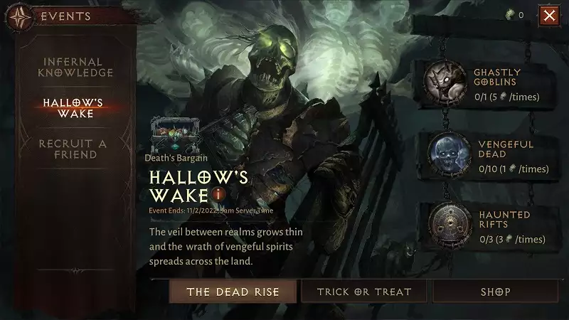 Diablo Immortal Hallow's Wake halloween event release start date end times rewards cosmetics eternal orbs