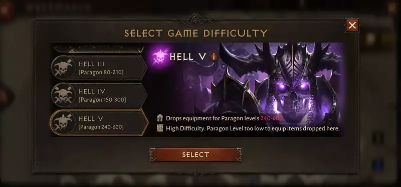 Diablo Immortal hell difficulty level how to change requirements set items paragon level combat rating CR