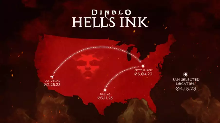 Diablo 4 Hell's Ink tattoo shop takeover 2023 schedule locations United States US cities artists dates times how to enter win rewards flash open beta