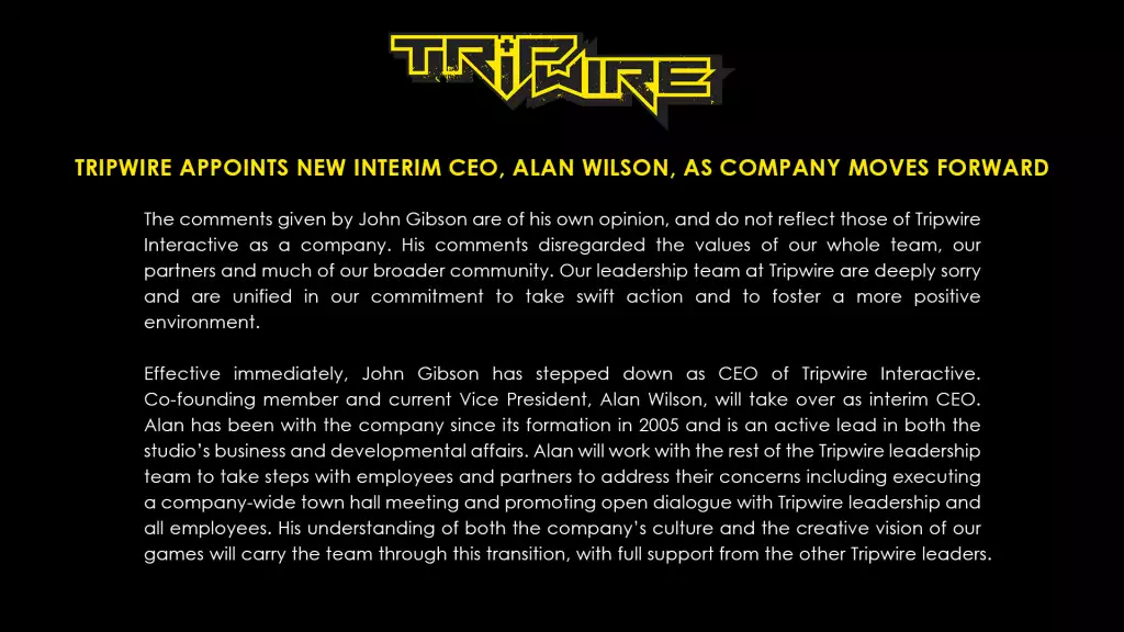 Tripwire Interactive CEO John Gibson has "stepped down" amid backlash