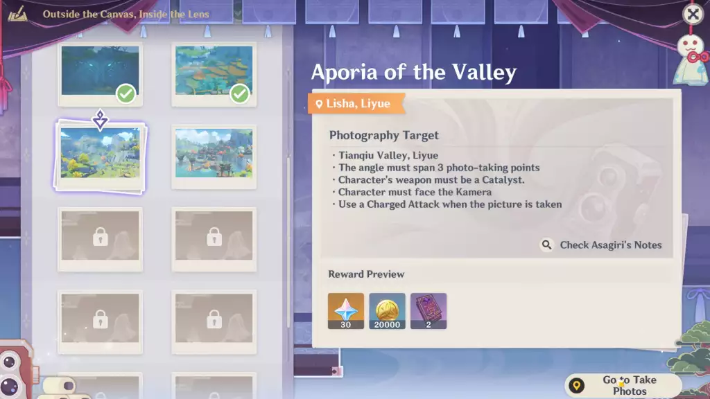 genshin impact event guide outside the canvas inside the lens day four commissions aporia of the valley