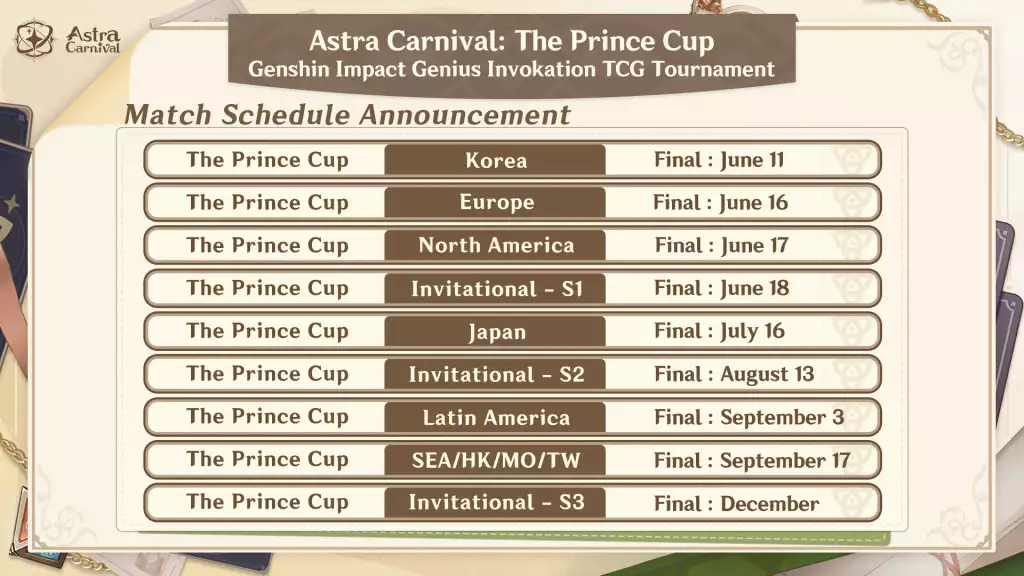 Astra Carnival: The Prince Cup Genshin Impact TCG Tournament Schedule