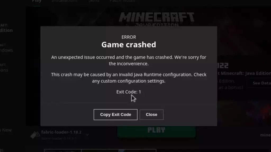 error code 1 minecraft