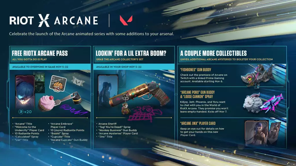 All the in-game items that were available in Valorant as a part of the Arcane launch celebration in 2021. 