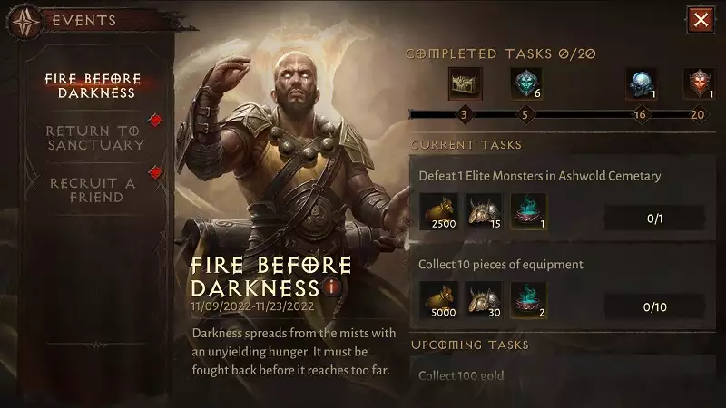 Diablo Immortal The Fire Before Darkness Event tasks rewards how to complete dates times end start