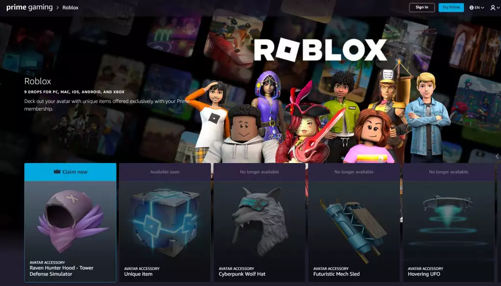 Roblox Amazon Prime遊戲獎勵